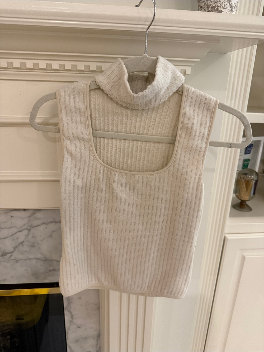 Zara Cream Ribbed Sleeveless Turtleneck Top